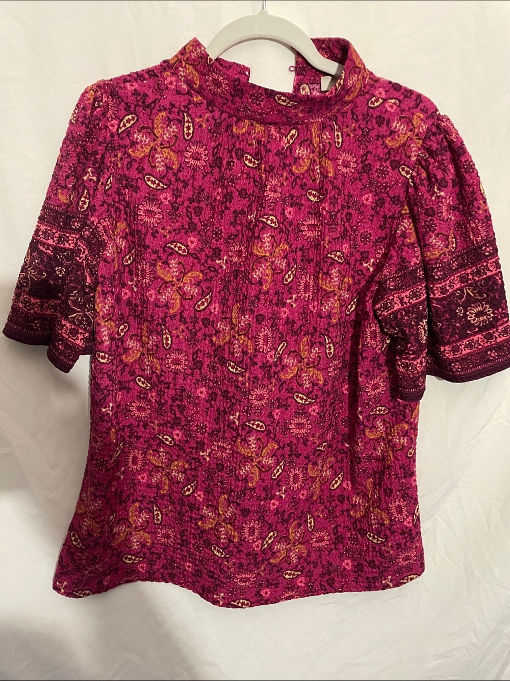 LOFT Fuchsia Floral Mock-Neck Short Sleeve Blouse